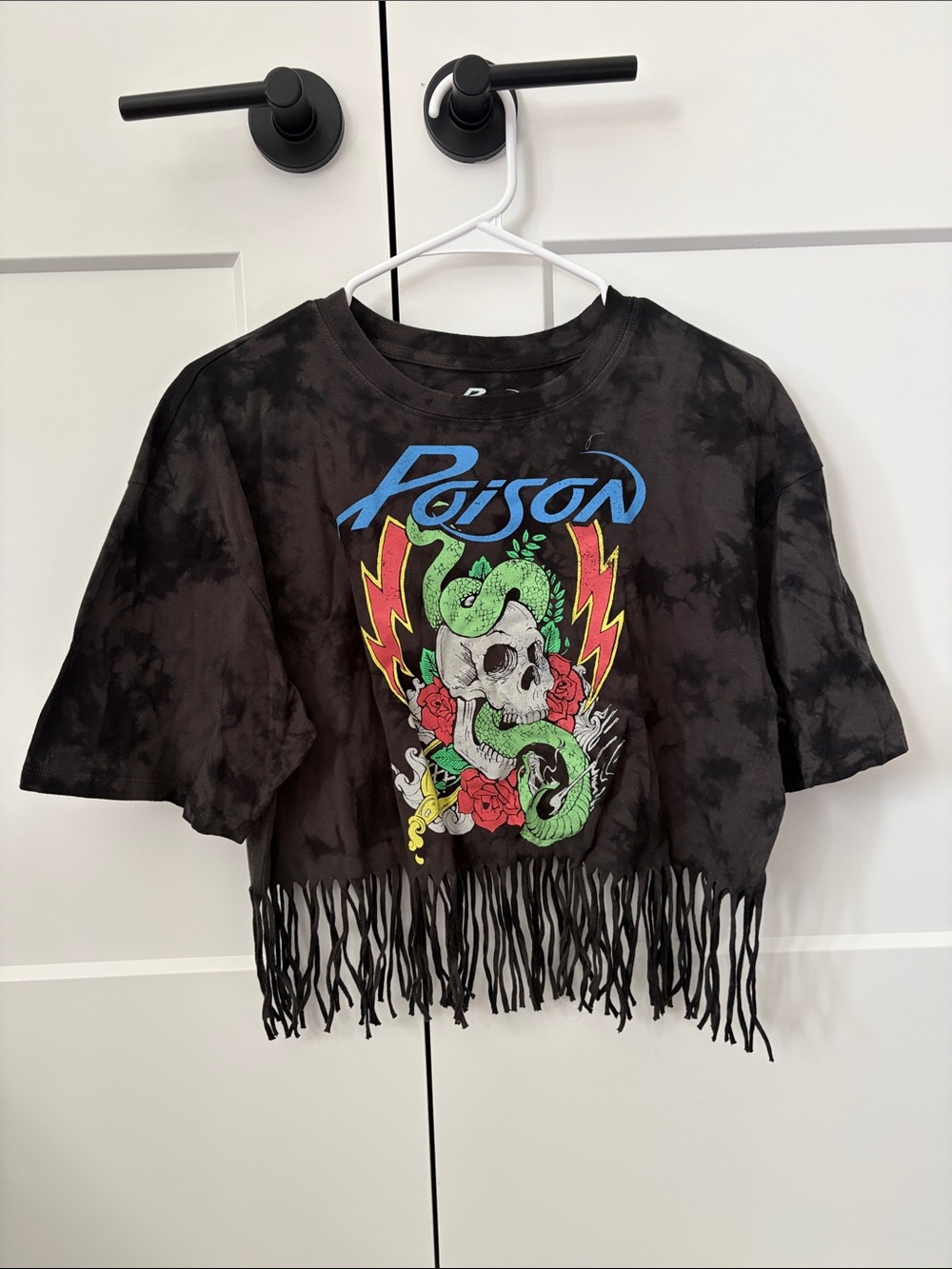 Poison Graphic Fringe Crop Top - Black with Green & Red
